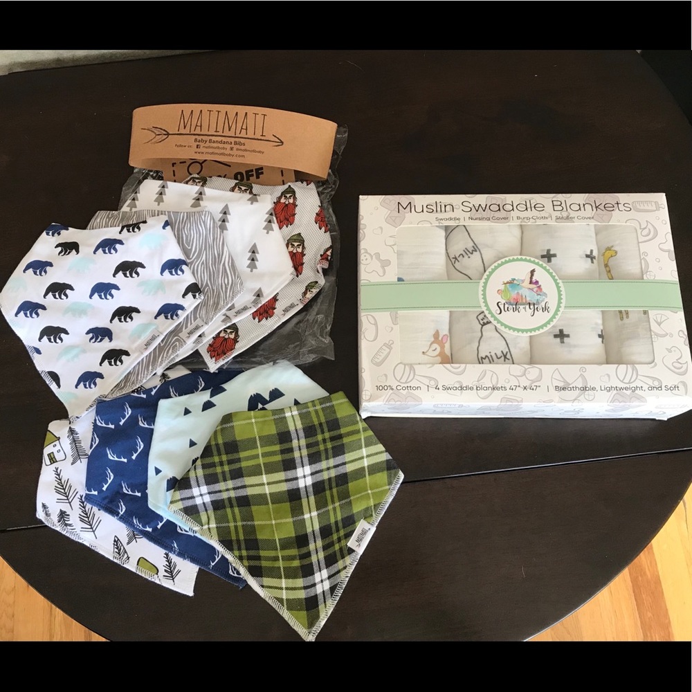 Brand new bandana bibs and swaddles